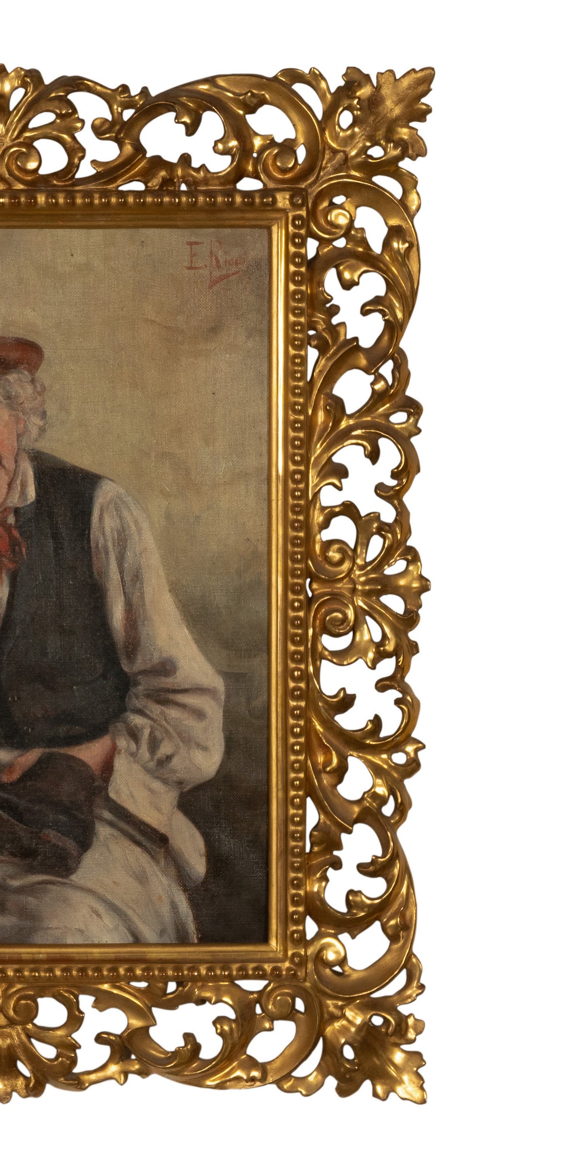 Antique Italian Genre Scene Oil Painting "Shoe Shiner" Cobbler by Ezio Ricci Gilded Florentine Frame, Circa 1910