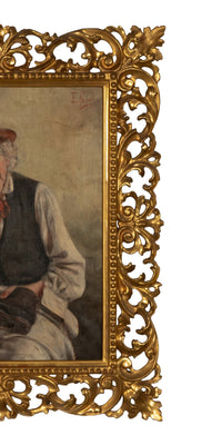 Antique Italian Genre Scene Oil Painting "Shoe Shiner" Cobbler by Ezio Ricci Gilded Florentine Frame, Circa 1910