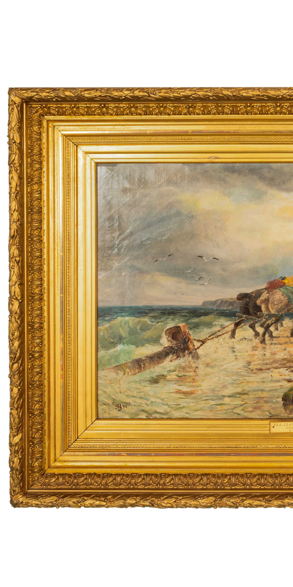 Antique British Oil Painting Seascape Coast Scene Shipwreck Landscape Horses Samuel C. Bird 1870