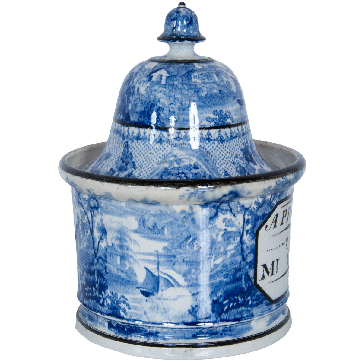 Antique Blue & White Pearlware Pottery Humidor "A Present for Mr. Capes 1834"