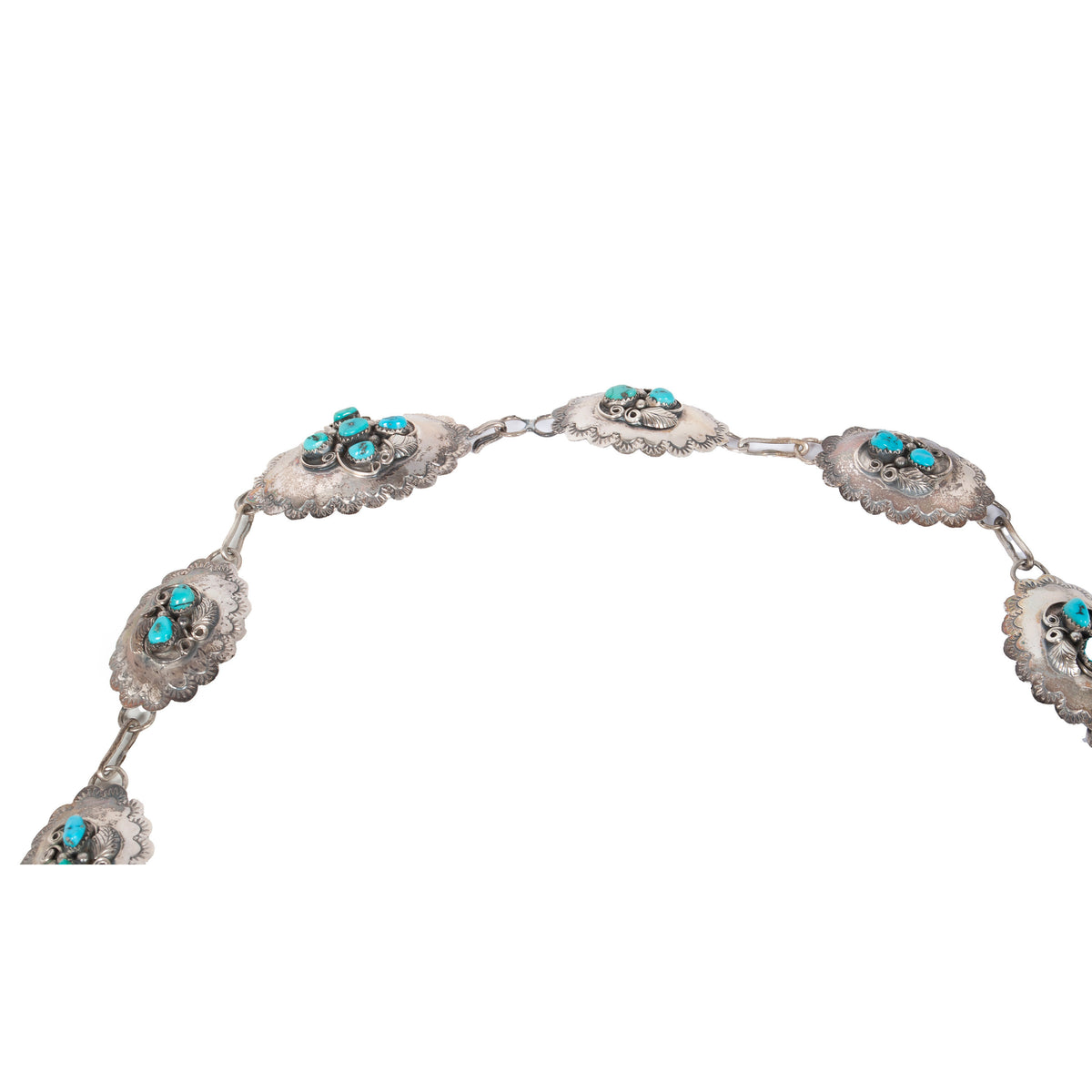 Vintage Native American Navajo Sterling Silver & Blue Turquoise Concho Belt 1950