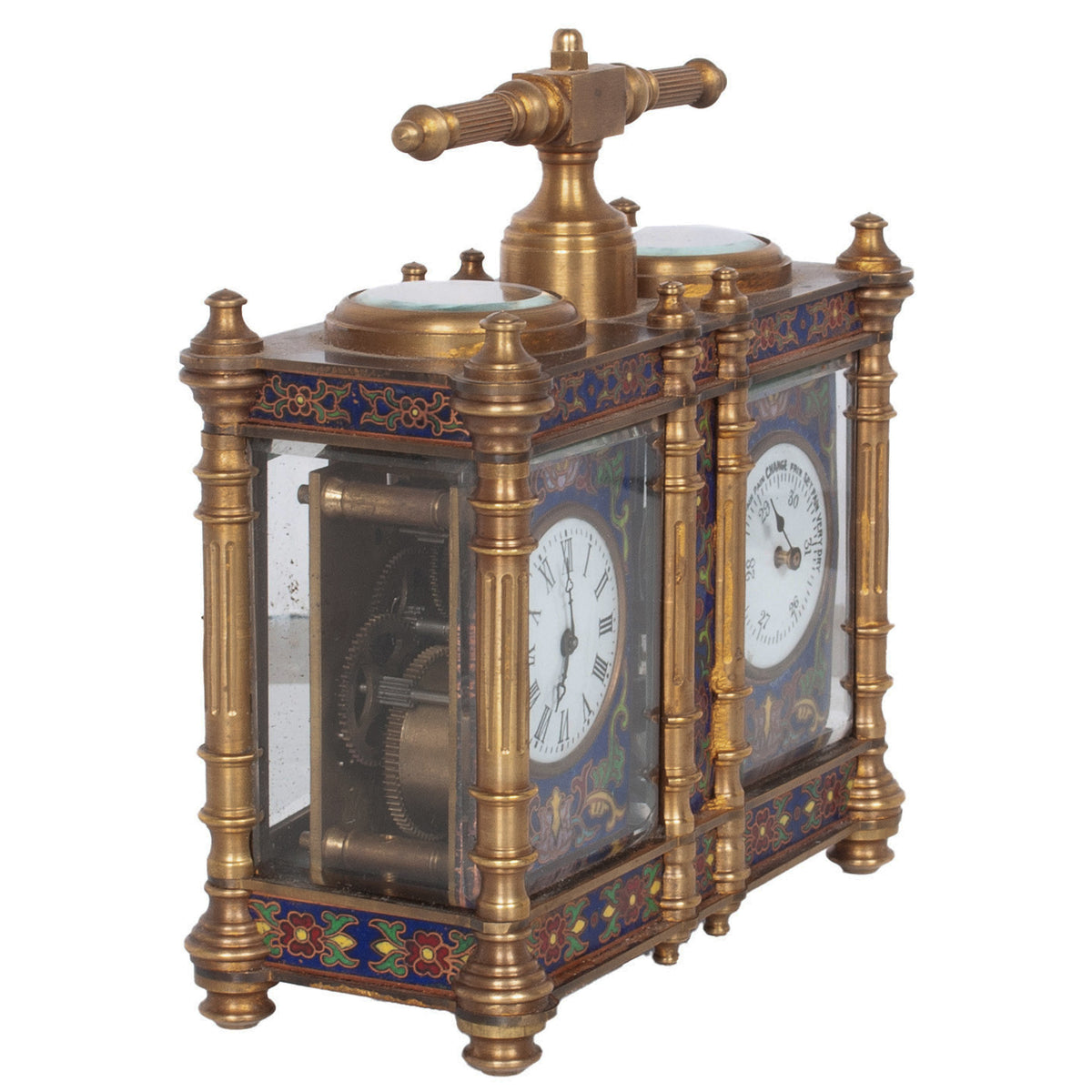 Antique French Brass & Champleve Combination Desk Carriage Clock Barometer 1900