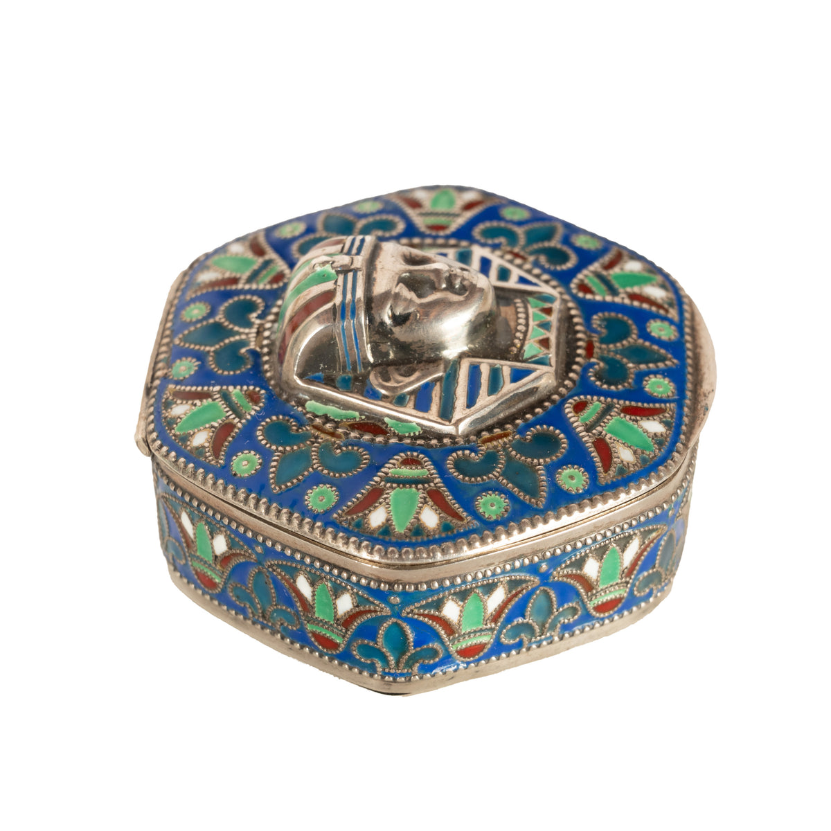 Antique Art Deco King Tut Egyptian Revival Silver Gilt Enamel Cloisonne Box 1925