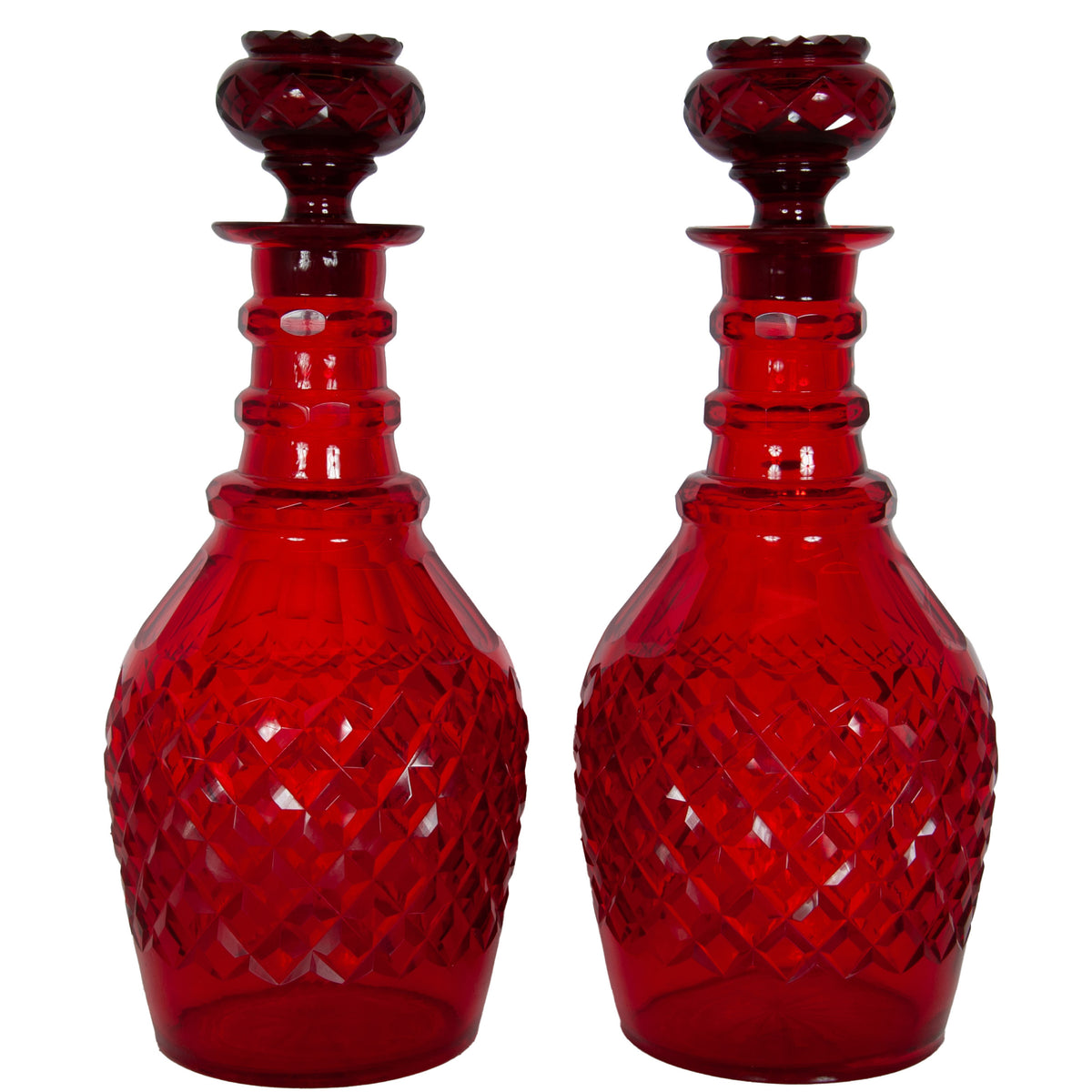 Antique Austrian Bohemian Red Cut Glass Wine Liquor Decanters & Stoppers 1880