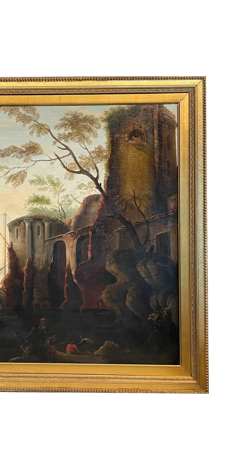 Large 17th Century Italian Oil on Canvas Ships Seascape Painting "Marina delle torri" the Circle of Salvator Rosa, 1660