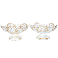 Pair Antique German Meissen Porcelain Openwork Compotes Footed Gilt Floral Bowls