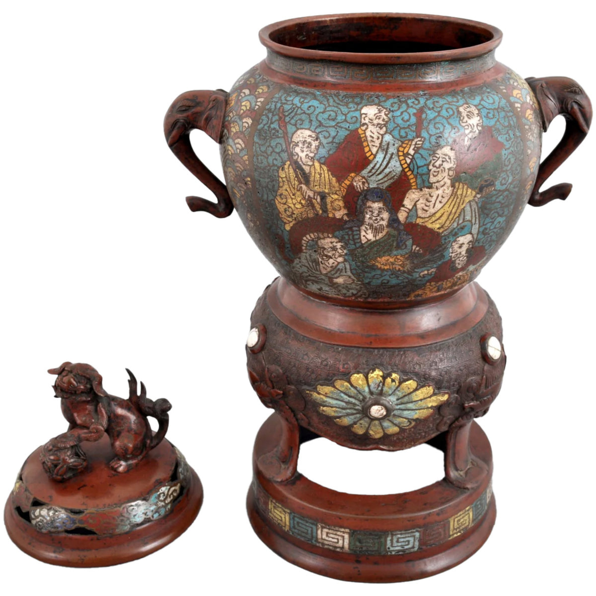 Antique Chinese Qing Dynasty Archaic Style Bronze Enamel Champlevé Censer / Incense Burner, Circa 1880