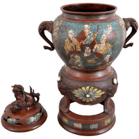 Antique Chinese Qing Dynasty Archaic Style Bronze Enamel Champlevé Censer / Incense Burner, Circa 1880