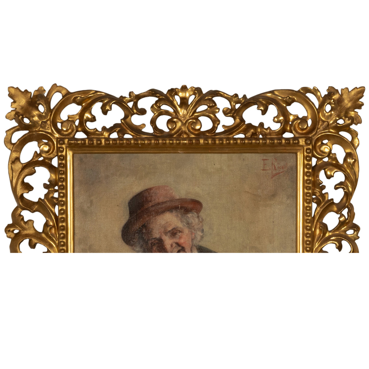 Antique Italian Genre Scene Oil Painting "Shoe Shiner" Cobbler by Ezio Ricci Gilded Florentine Frame, Circa 1910