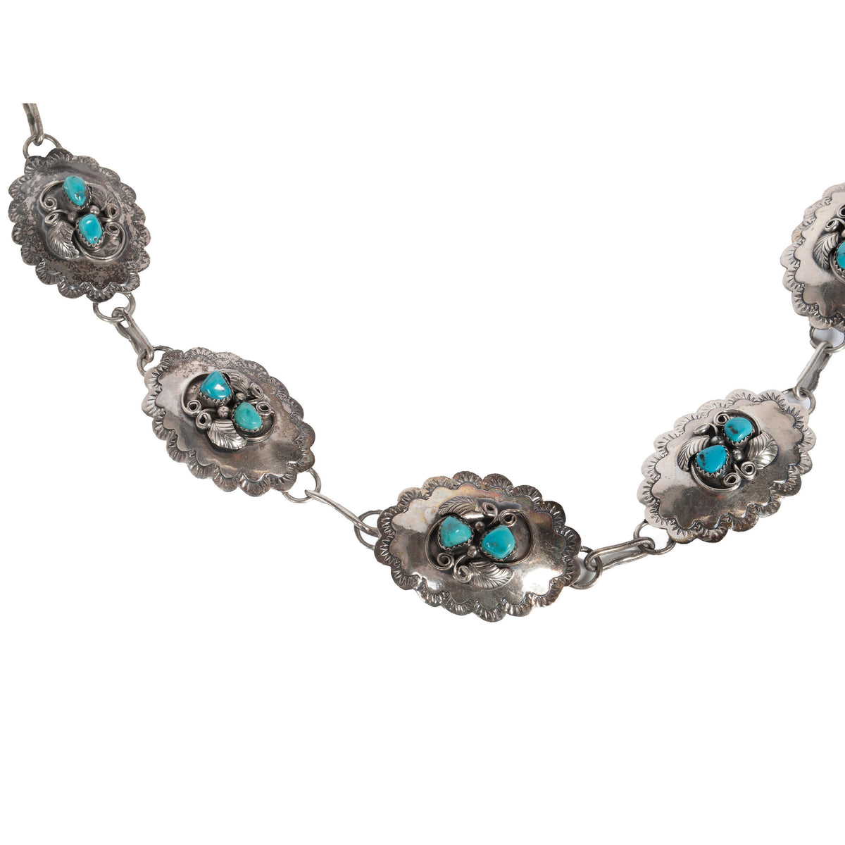Vintage Native American Navajo Sterling Silver & Blue Turquoise Concho Belt 1950