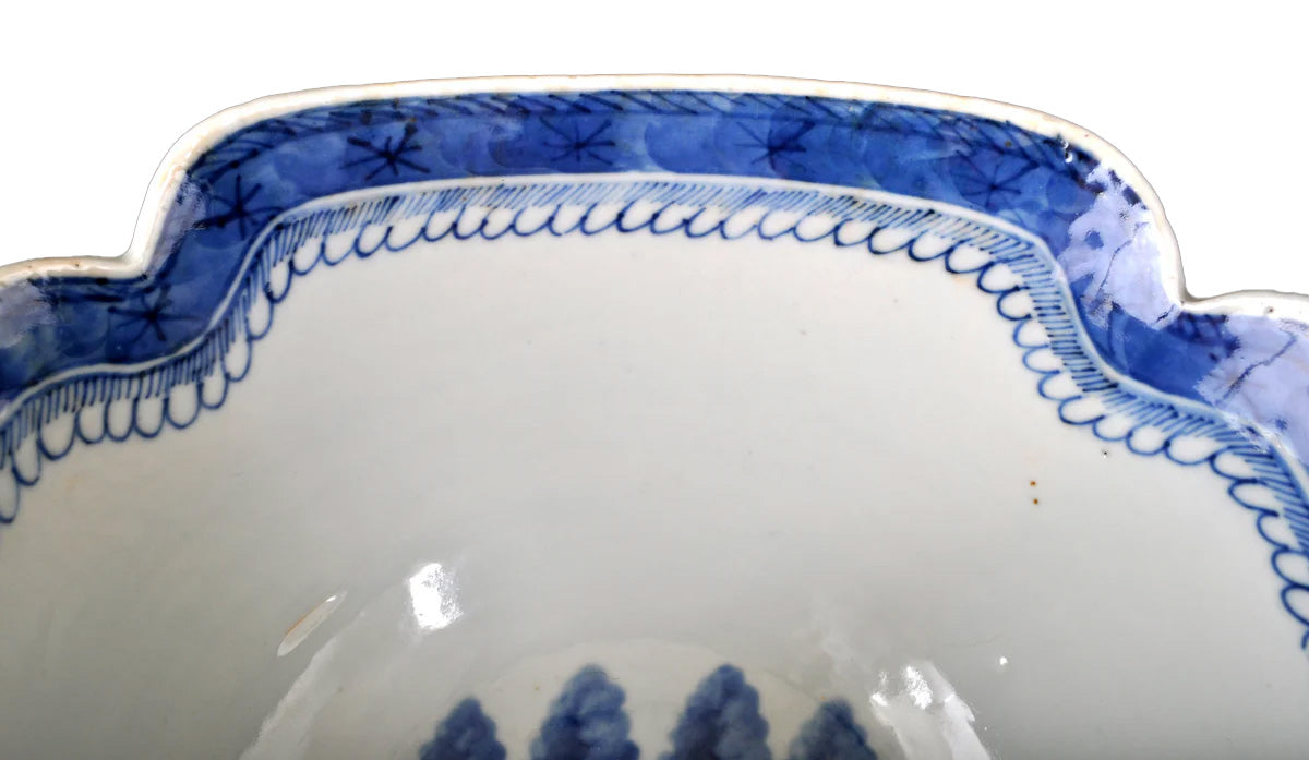 Antique Chinese Qing Dynasty Canton Blue & White Porcelain Bowl, Circa 1820