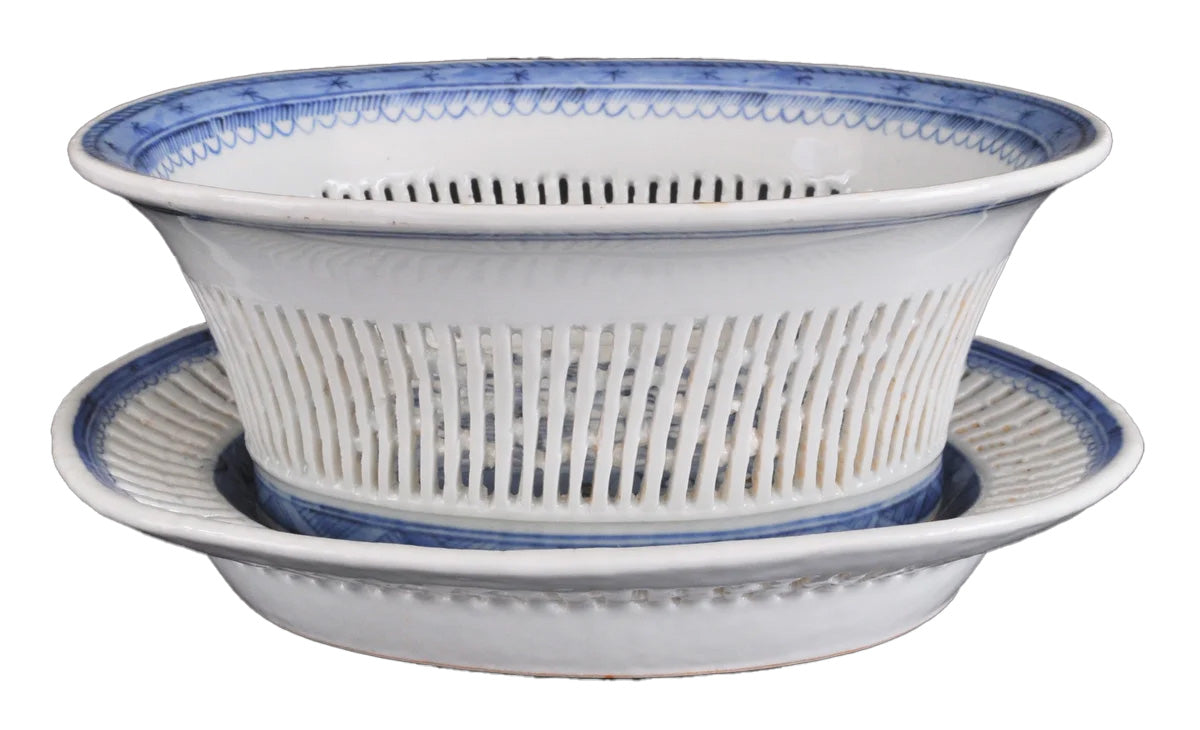 Antique Chinese Qing Dynasty Blue & White Reticulated Serving Bowl and Underplate, Circa 1800