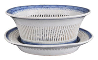 Antique Chinese Qing Dynasty Blue & White Reticulated Serving Bowl and Underplate, Circa 1800