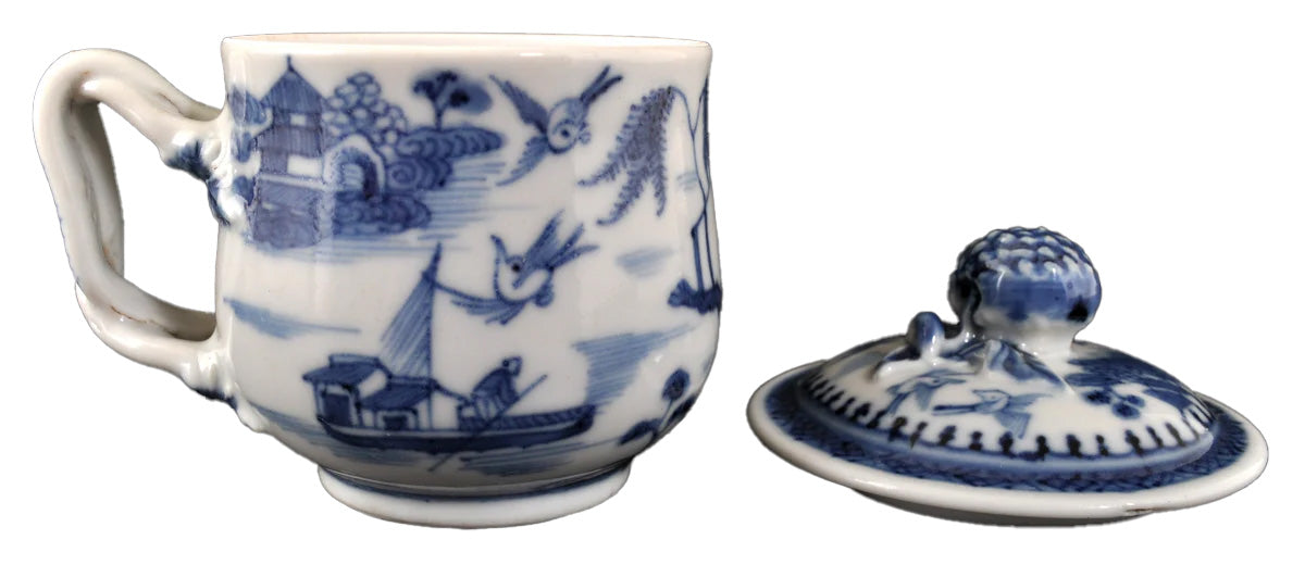 Antique Chinese Qinq Dynasty Canton Blue & White Porcelain Pot de Creme, Circa 1820