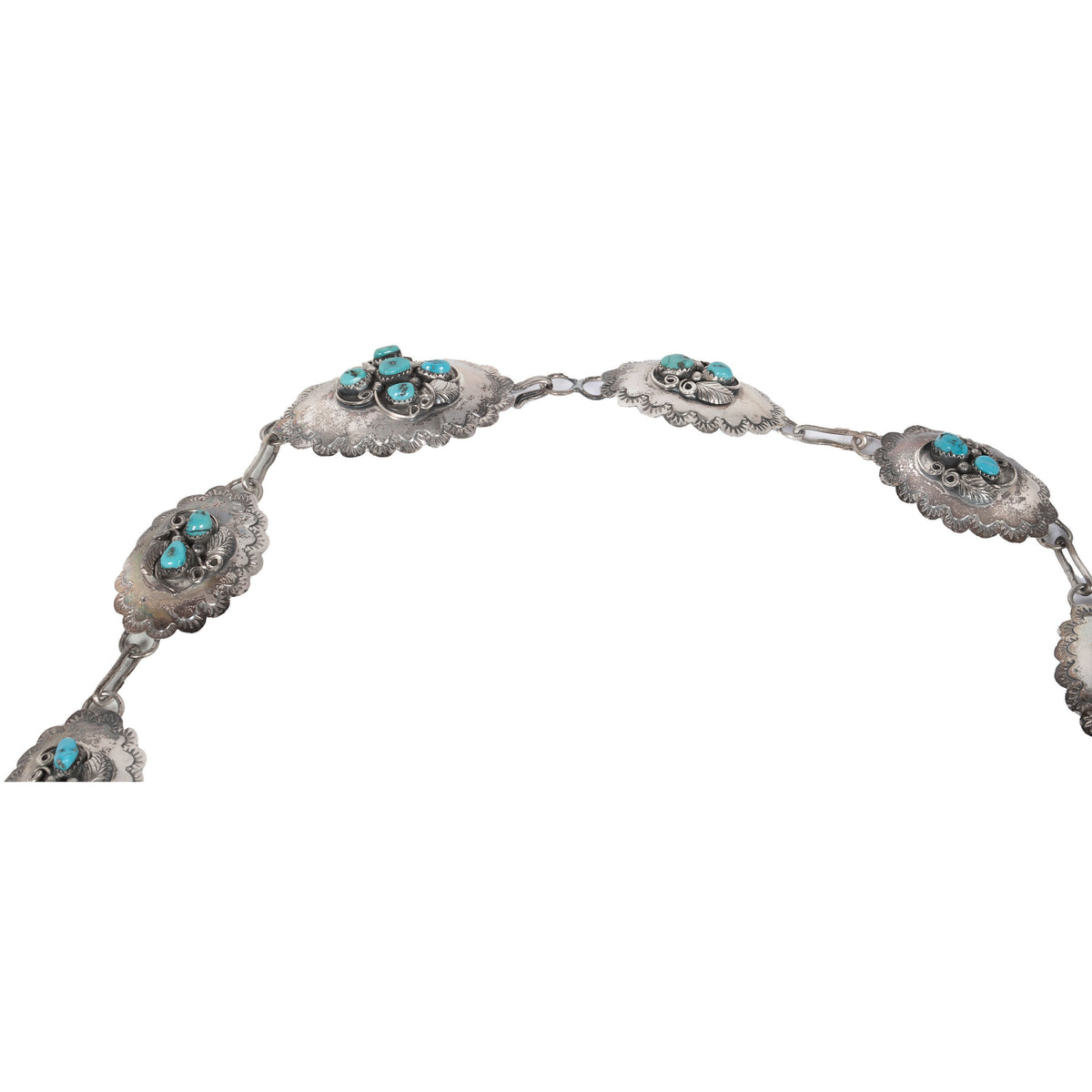 Vintage Native American Navajo Sterling Silver & Blue Turquoise Concho Belt 1950