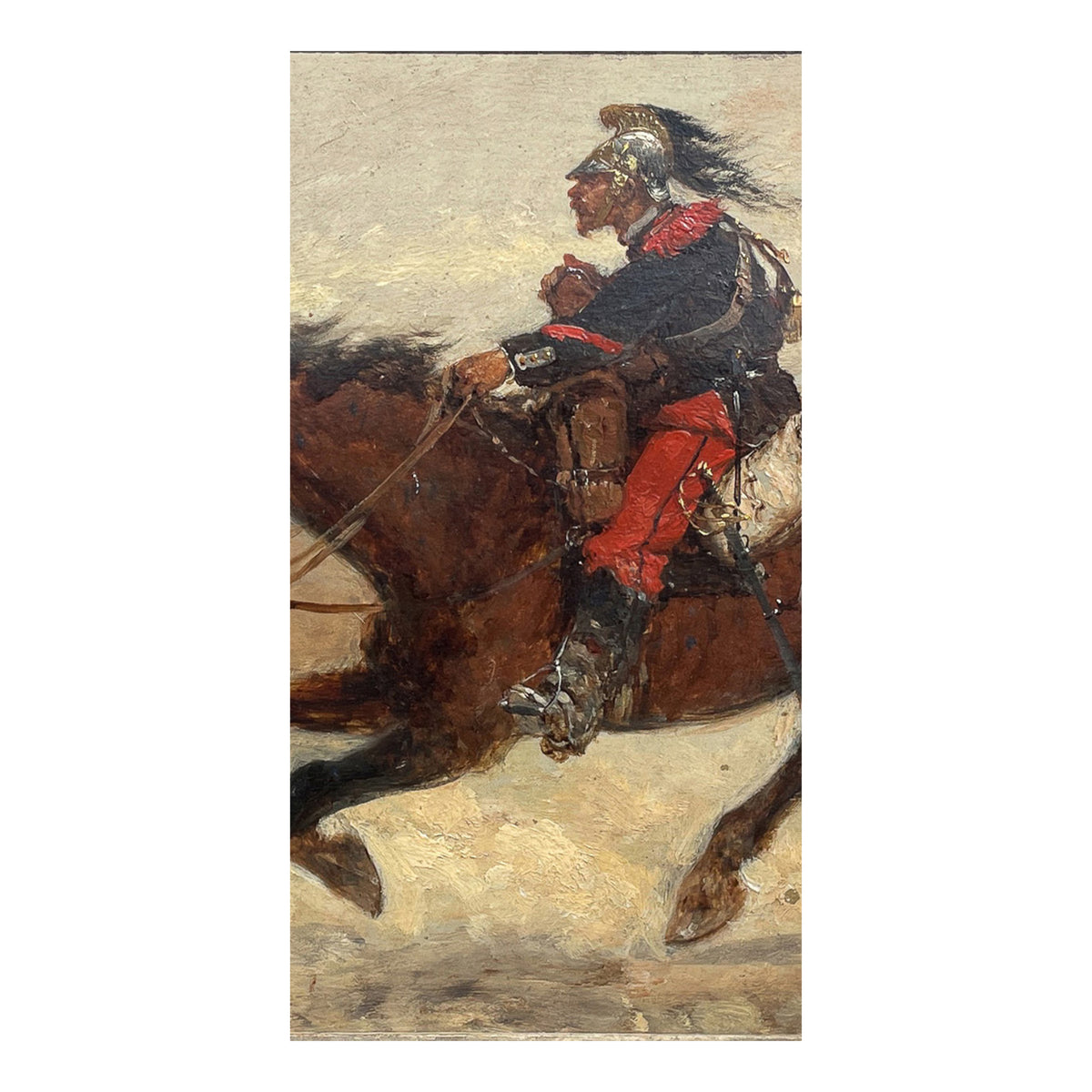 Antique French Oil Painting Army Cavarly Soldier Horse Military Despatch Bearer  by Wilfred Constant Beauquesne, 1883
