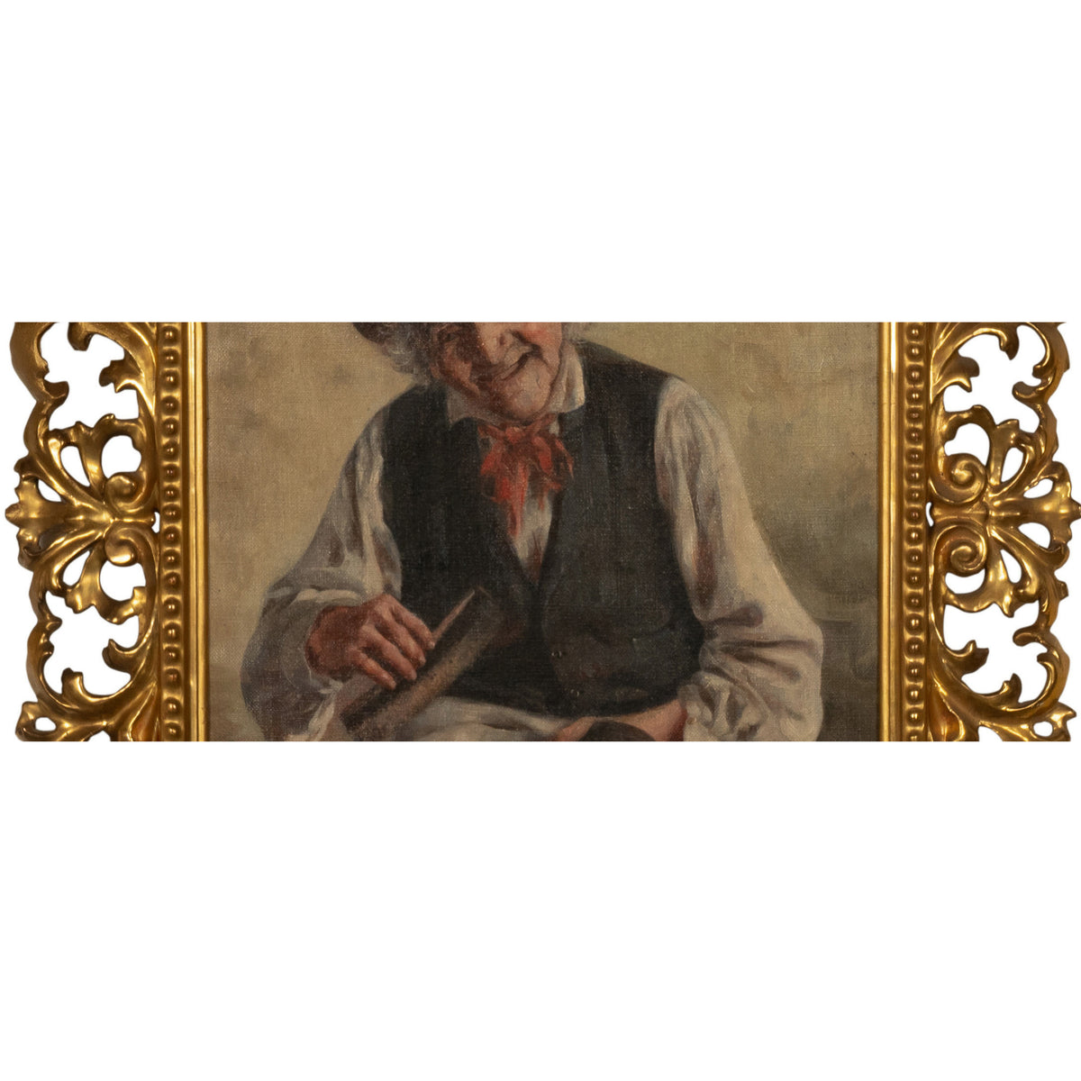 Antique Italian Genre Scene Oil Painting "Shoe Shiner" Cobbler by Ezio Ricci Gilded Florentine Frame, Circa 1910