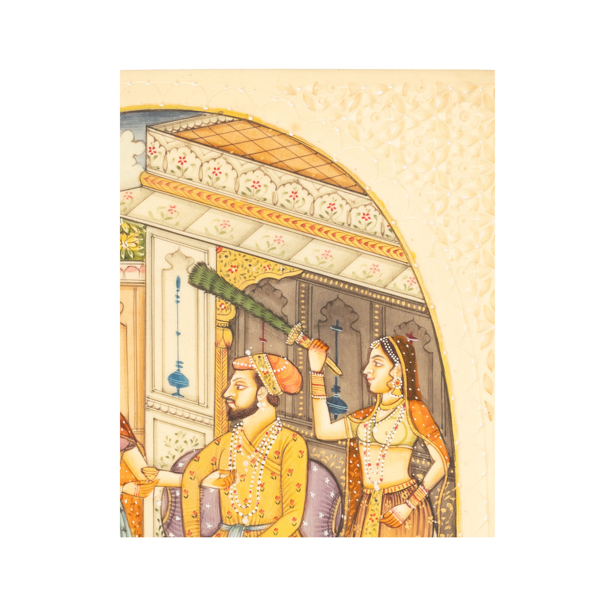 Antique Indian Mughal Miniature Royal Court Women Shah Watercolor Painting 1900