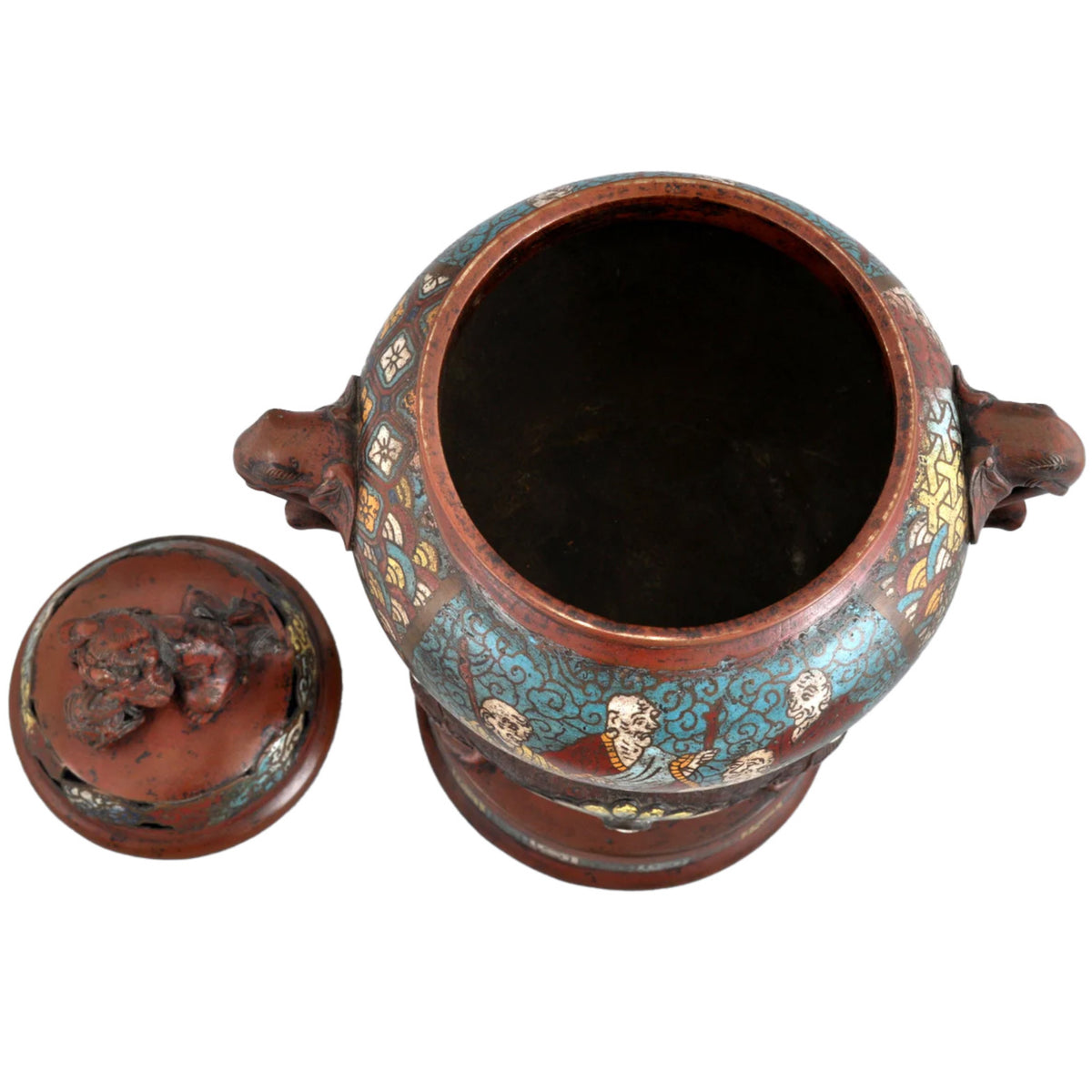 Antique Chinese Qing Dynasty Archaic Style Bronze Enamel Champlevé Censer / Incense Burner, Circa 1880