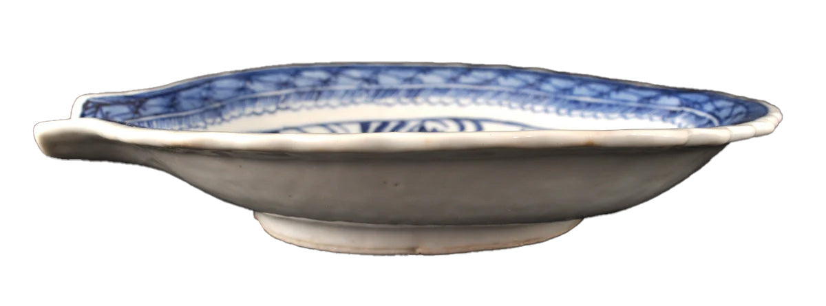 Antique Chinese Qing Dynasty Canton Blue & White Porcelain Brush Holder/Plate, Circa 1840