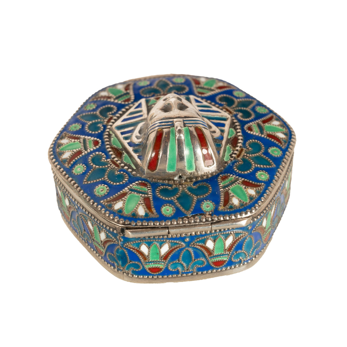 Antique Art Deco King Tut Egyptian Revival Silver Gilt Enamel Cloisonne Box 1925