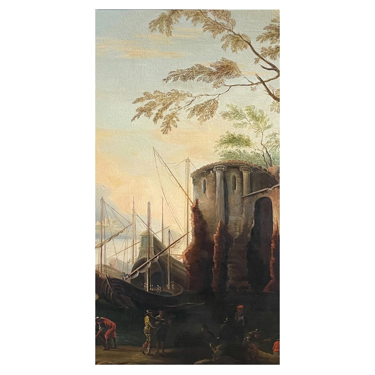 Large 17th Century Italian Oil on Canvas Ships Seascape Painting "Marina delle torri" the Circle of Salvator Rosa, 1660