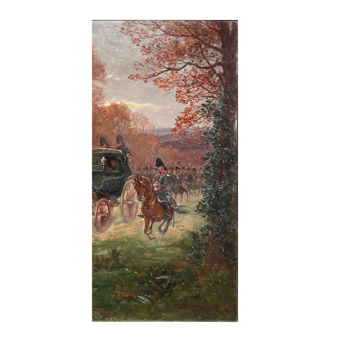 Antique French War Oil Painting Napoleon With His Army Generals Horse & Carriage by Raymond Desvarreux, 1906