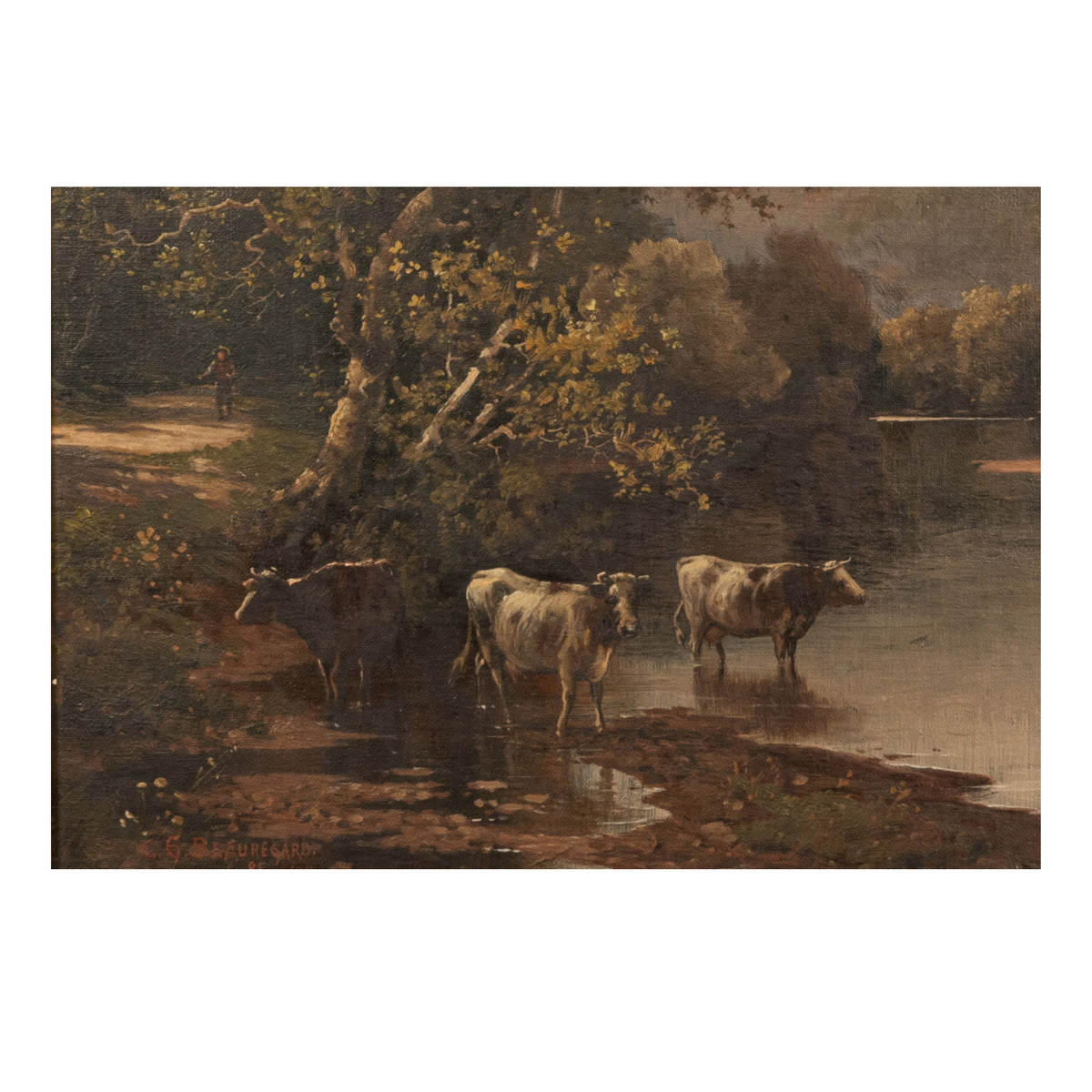 Antique American Hudson River School Oil Painting Cows Landscape Troy New York by Charles Grant Beauregard 1898