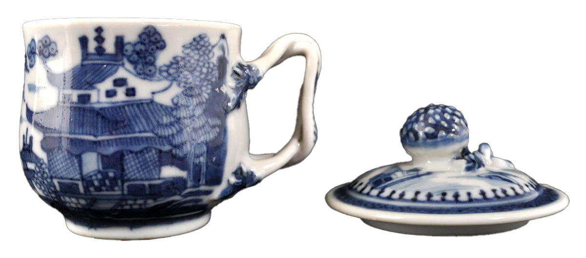 Antique Chinese Qinq Dynasty Canton Blue & White Porcelain Pot de Creme, Circa 1820
