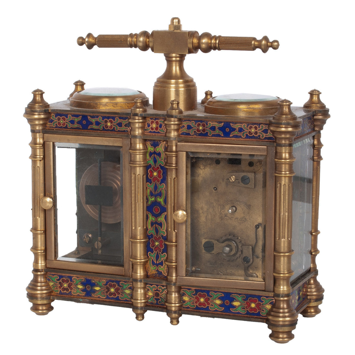 Antique French Brass & Champleve Combination Desk Carriage Clock Barometer 1900