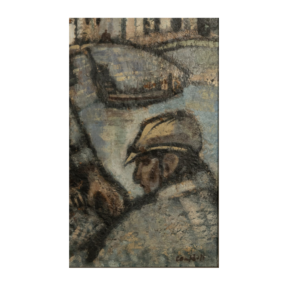 Irish Oil on Panel Painting "Fisherman Roundstone" Connemara Galway by George F Campbell Circa 1950