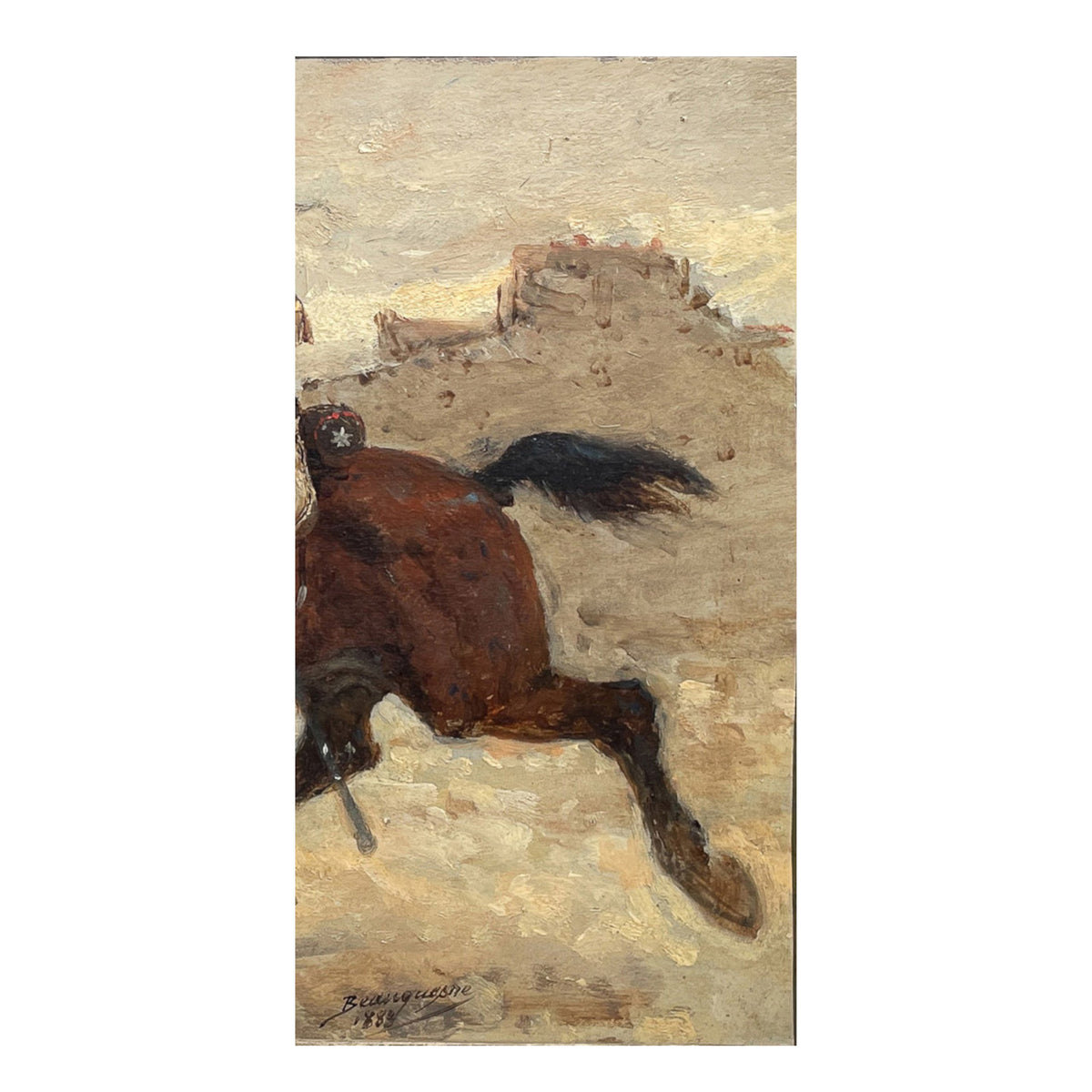 Antique French Oil Painting Army Cavarly Soldier Horse Military Despatch Bearer  by Wilfred Constant Beauquesne, 1883