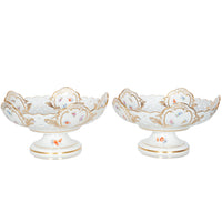 Pair Antique German Meissen Porcelain Openwork Compotes Footed Gilt Floral Bowls