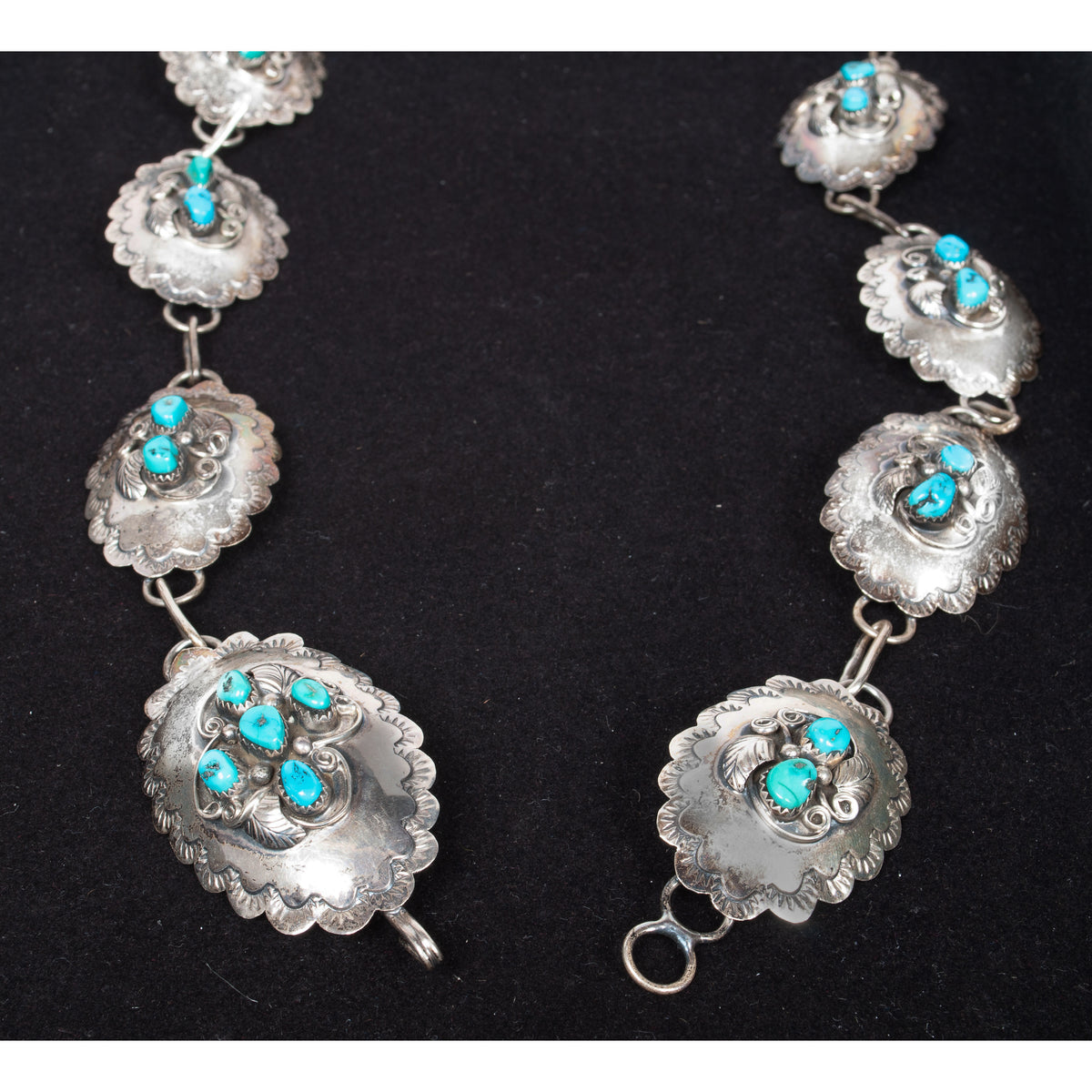 Vintage Native American Navajo Sterling Silver & Blue Turquoise Concho Belt 1950