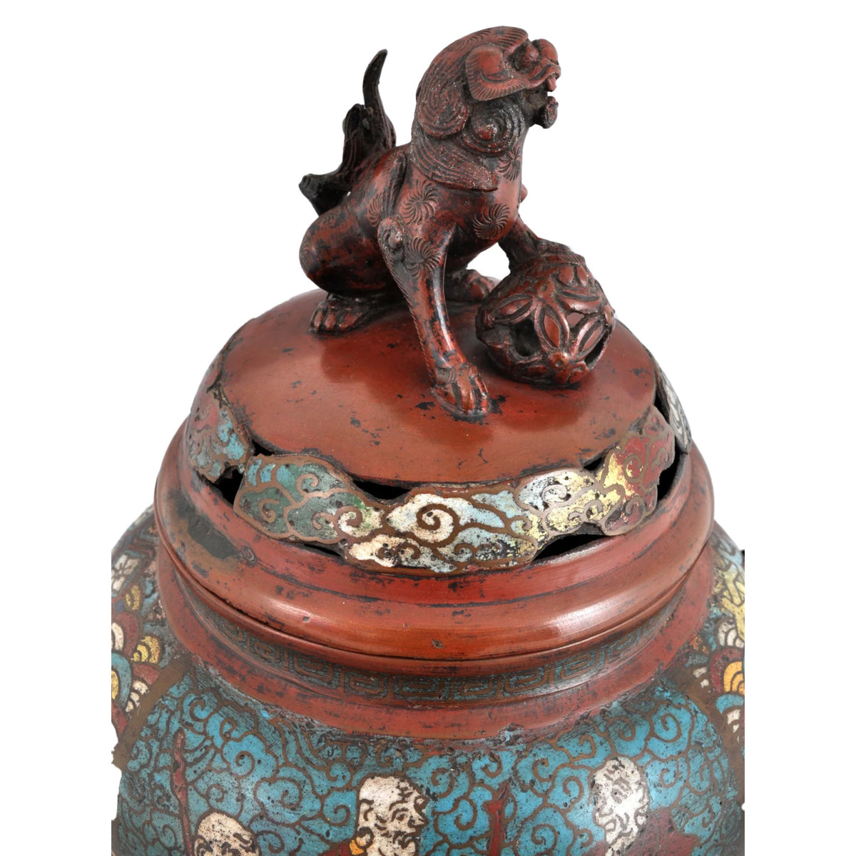 Antique Chinese Qing Dynasty Archaic Style Bronze Enamel Champlevé Censer / Incense Burner, Circa 1880