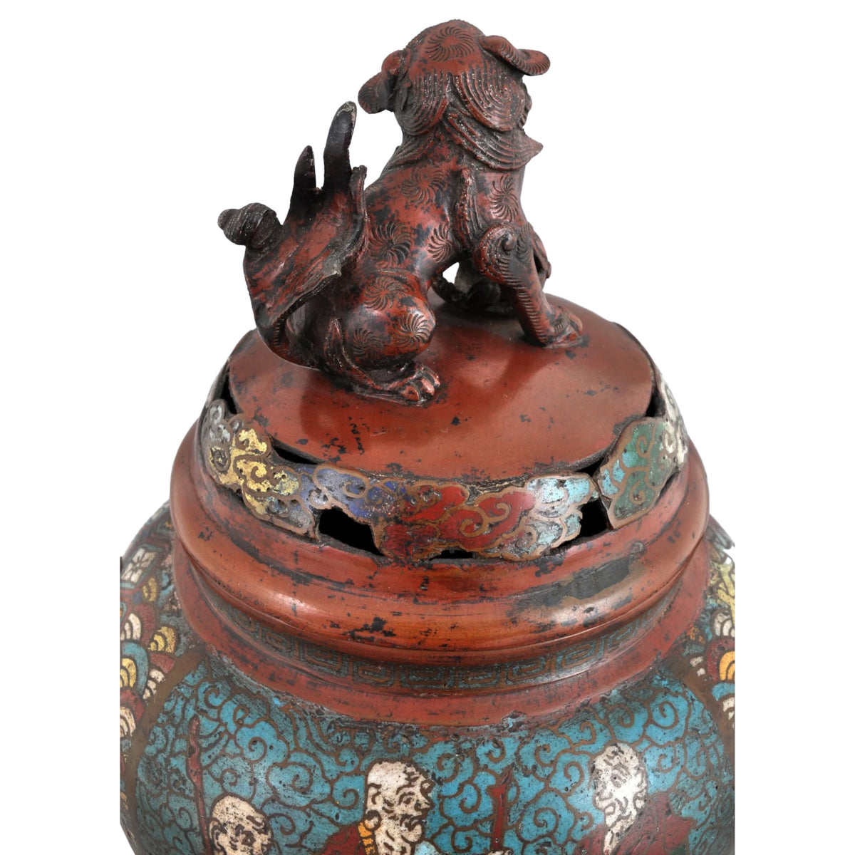 Antique Chinese Qing Dynasty Archaic Style Bronze Enamel Champlevé Censer / Incense Burner, Circa 1880