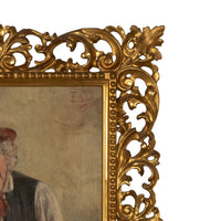 Antique Italian Genre Scene Oil Painting "Shoe Shiner" Cobbler by Ezio Ricci Gilded Florentine Frame, Circa 1910