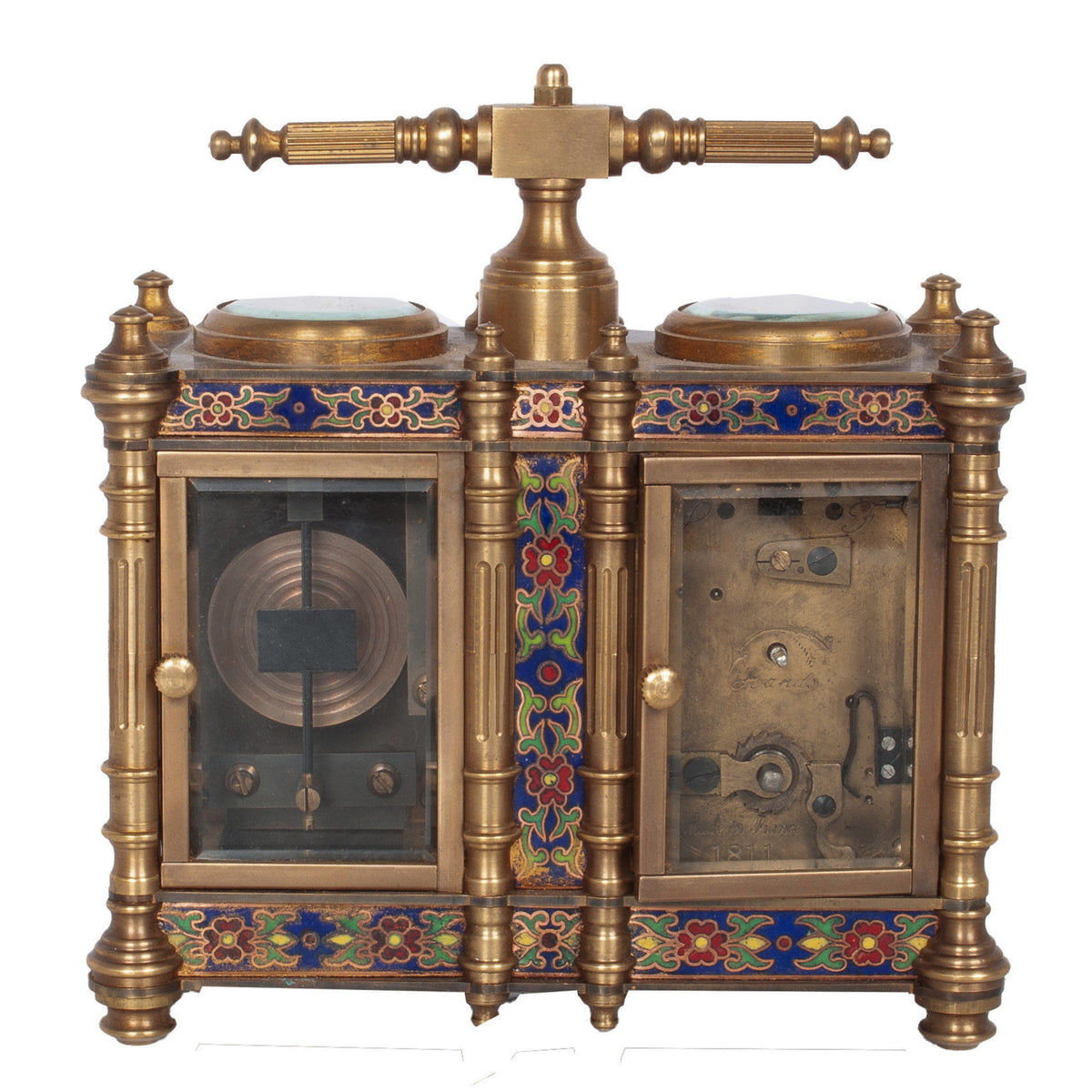 Antique French Brass & Champleve Combination Desk Carriage Clock Barometer 1900