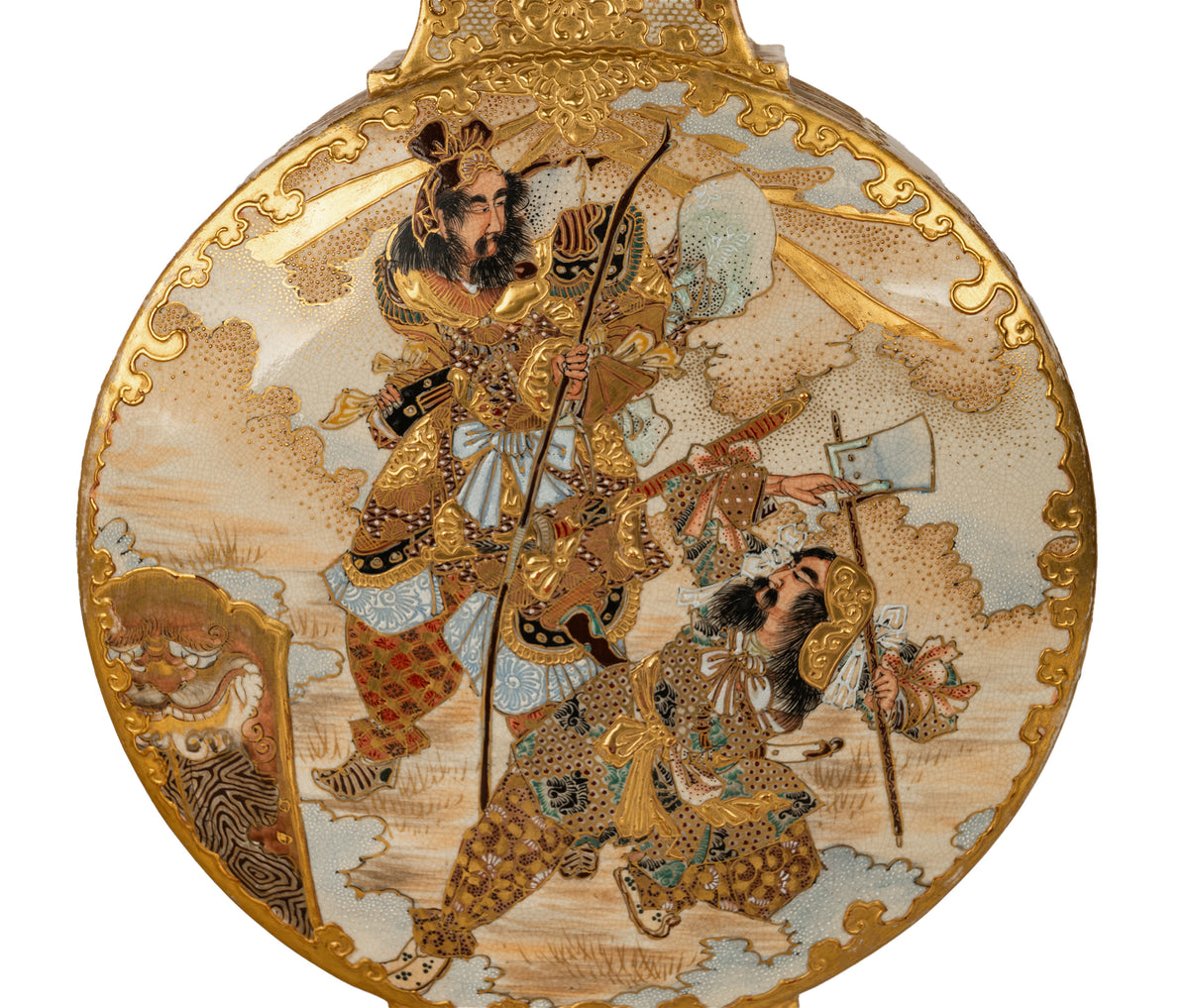 Antique Japanese Meiji Period Satsuma Pottery Moon Flask Vase Samurai 1880