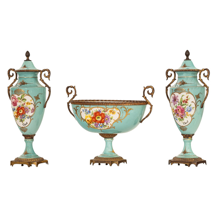 Antique French Pale Blue Sevres Paris Porcelain Ormolu Vase Coupe Garniture 1915