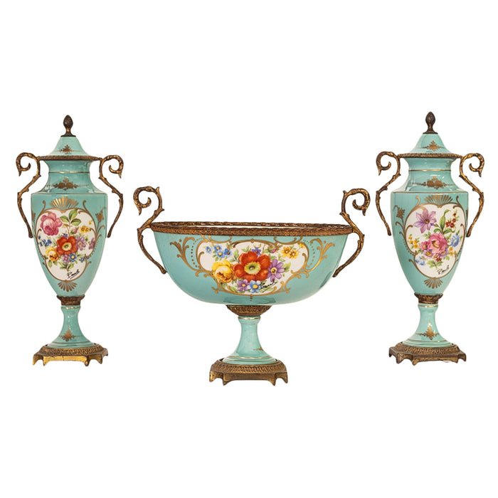 Antique French Pale Blue Sevres Paris Porcelain Ormolu Vase Coupe Garniture 1915