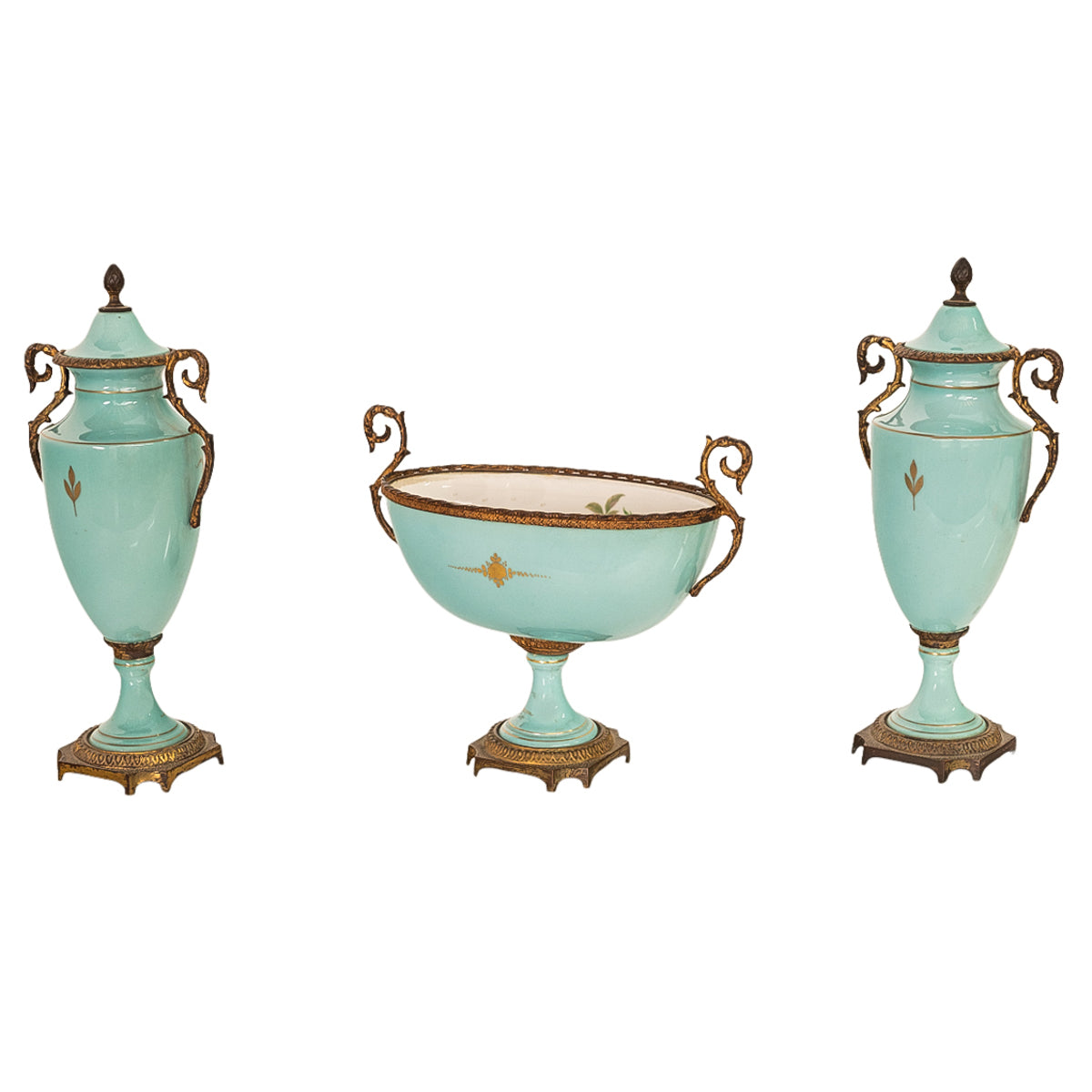 Antique French Pale Blue Sevres Paris Porcelain Ormolu Vase Coupe Garniture 1915