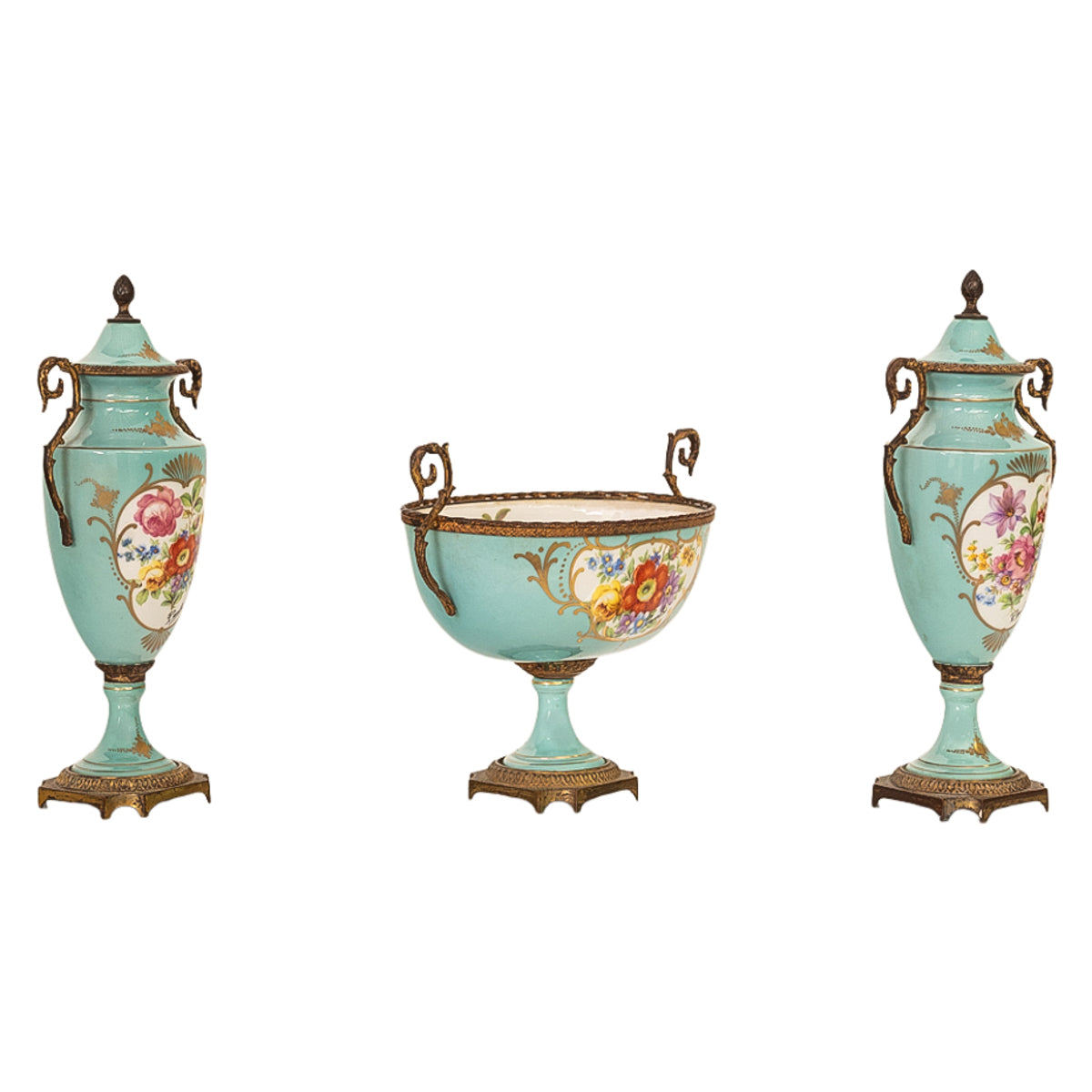 Antique French Pale Blue Sevres Paris Porcelain Ormolu Vase Coupe Garniture 1915
