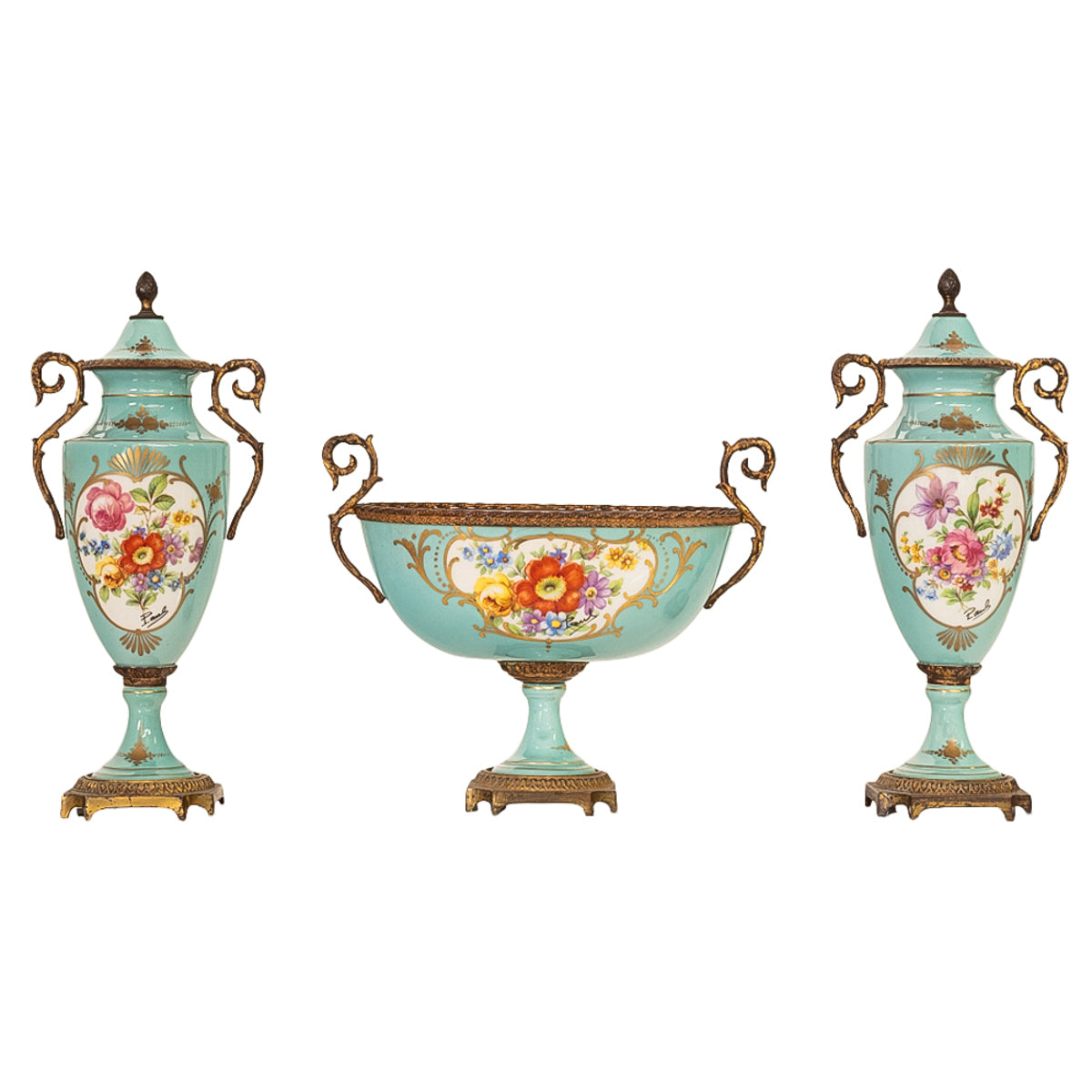 Antique French Pale Blue Sevres Paris Porcelain Ormolu Vase Coupe Garniture 1915