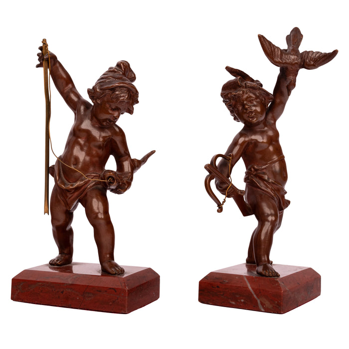 Antique Italian Grand Tour Bronze Hunting Putti Sculptures Statues Marble 1850