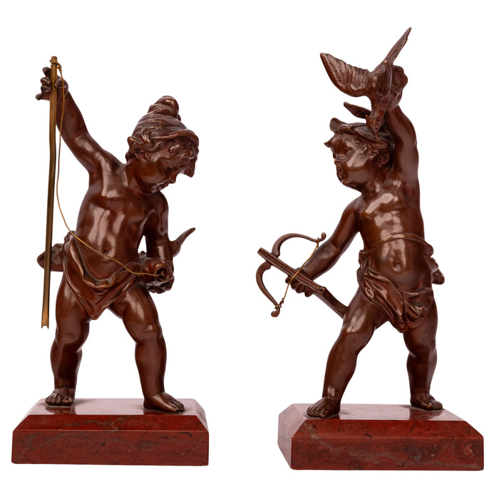 Antique Italian Grand Tour Bronze Hunting Putti Sculptures Statues Marble 1850