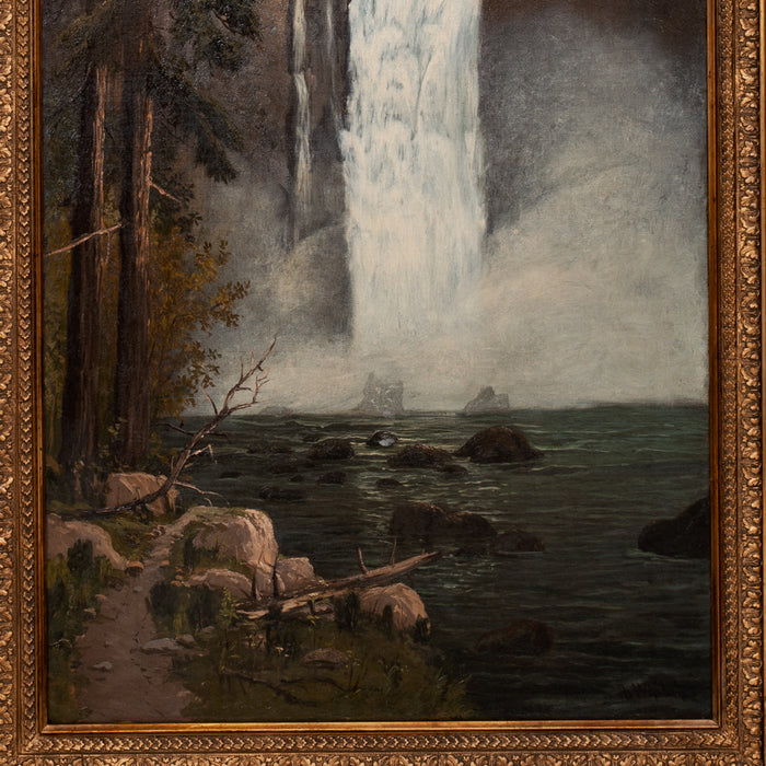 Antique American Oil on Canvas Landscape Painting Snoqualmie Falls Washington Signed "Whitaker" 1890