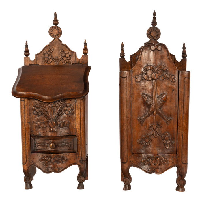 Pair Antique French Provincial Carved Walnut Kitchen Salt Flour Boxes Fariniere