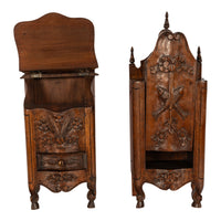 Pair Antique French Provincial Carved Walnut Kitchen Salt Flour Boxes Fariniere