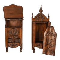 Pair Antique French Provincial Carved Walnut Kitchen Salt Flour Boxes Fariniere